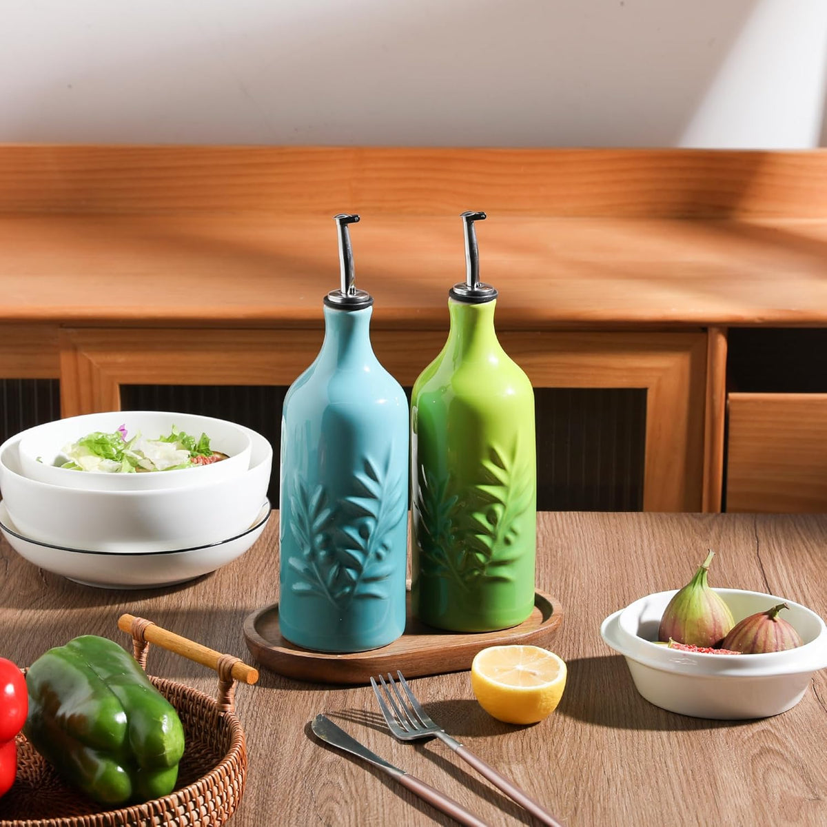 Sweejar Ceramic Olive Oil Dispenser Bottle, 20 Oz Relief Opaque Oil Cruet Protects To Reduce
