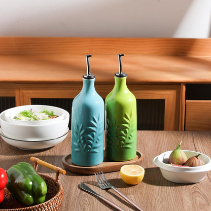 Sweejar Ceramic Olive Oil Dispenser Bottle, 20 Oz Relief Opaque Oil Cruet Protects To Reduce