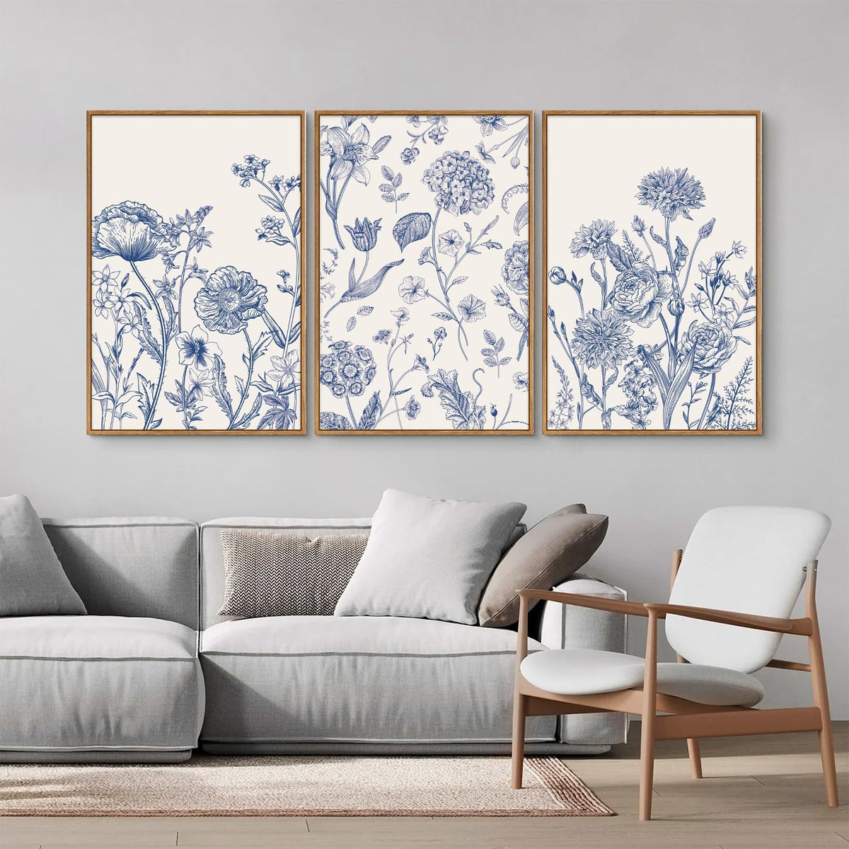 Tinonedraw Large Classic Chinoiserie Flower Framed Canvas Wall Art Set, Navy Blue and White Floral