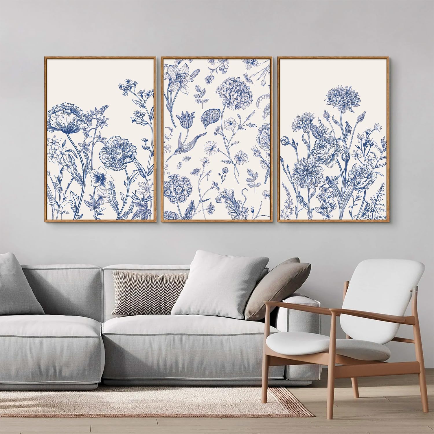 Tinonedraw Large Classic Chinoiserie Flower Framed Canvas Wall Art Set, Navy Blue and White Floral