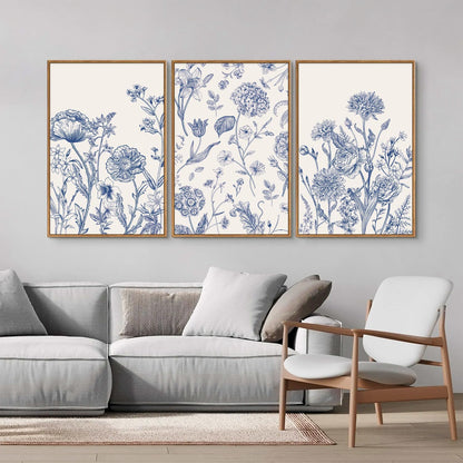 Tinonedraw Large Classic Chinoiserie Flower Framed Canvas Wall Art Set, Navy Blue and White Floral