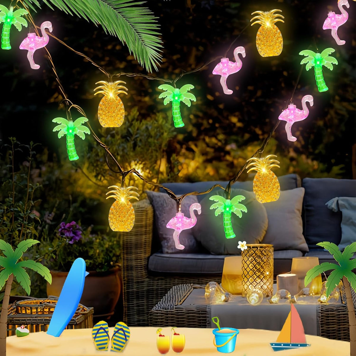 Couah 30 LED 16Ft Summer Beach Hawaiian String Lights - 8 Modes & Timer - Flamingo Pineapple Palm