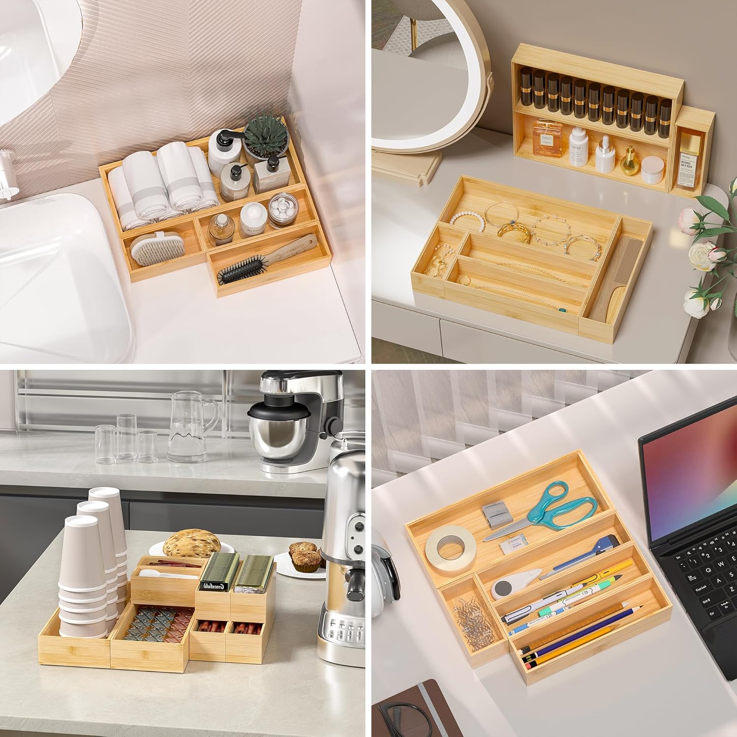 Kitchen Drawer Organizer Bins, Stackable Bamboo Deep Drawer Organizer for Silverware, Utensils
