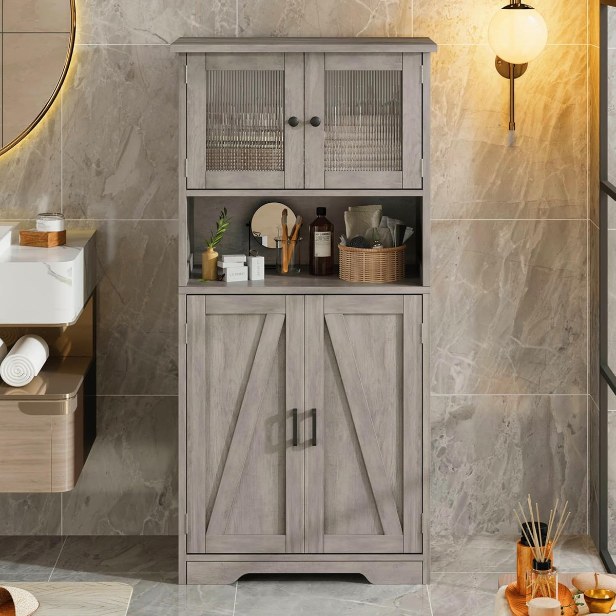 GarveeHome 54in Tall Bathroom Cabinet, Farmhouse Storage Cabinet with Glass Doors and Adjustable
