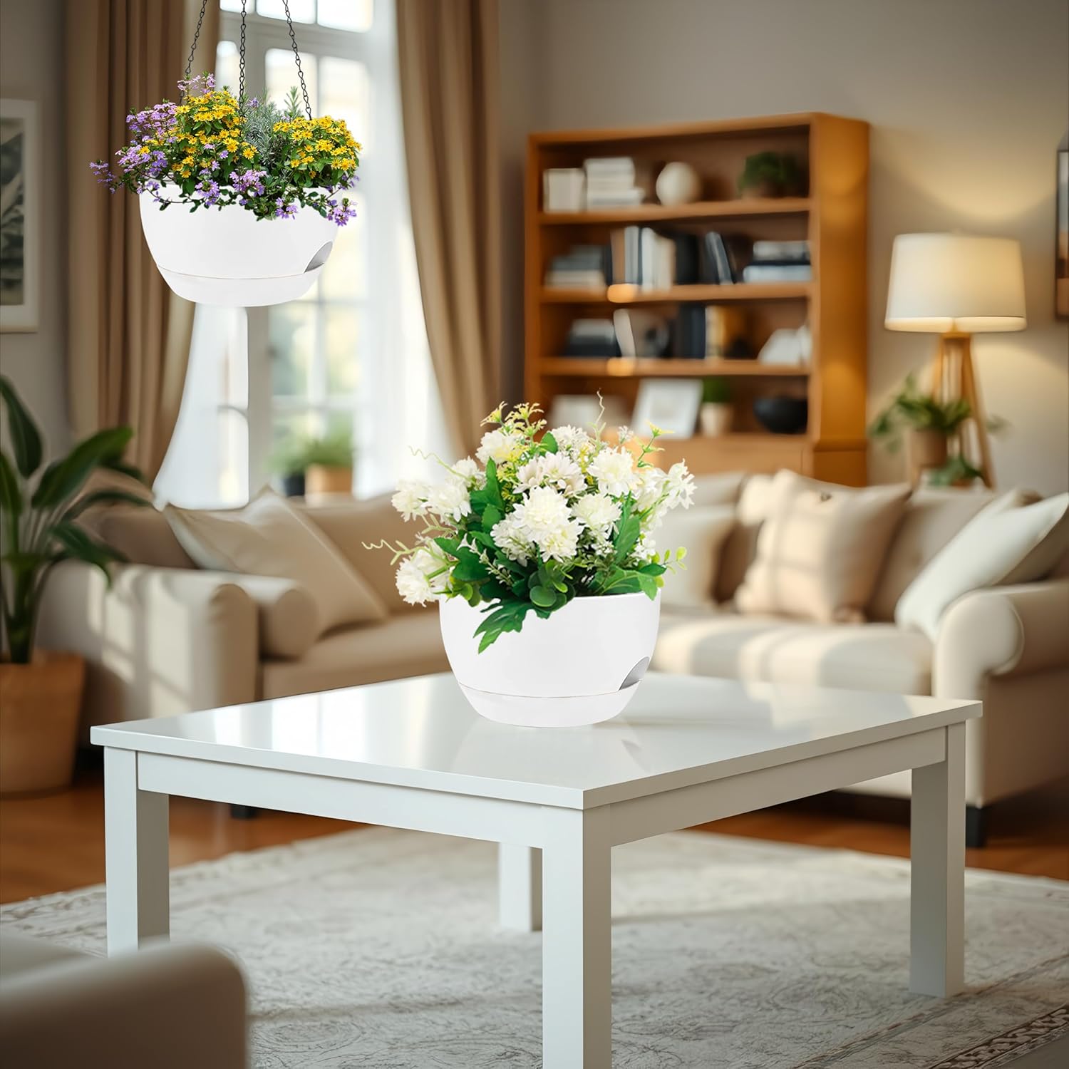 2 Pack 12 Inch Large Hanging Planters with Chains Self Watering White Plastic Hanging Pots for