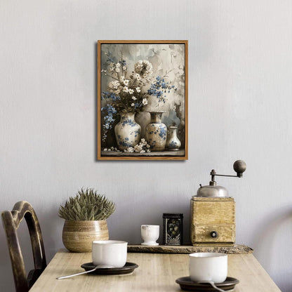 Floating Framed Farmhouse Floral Canvas Wall Art, Vintage Blue and White Flower Pictures Wall