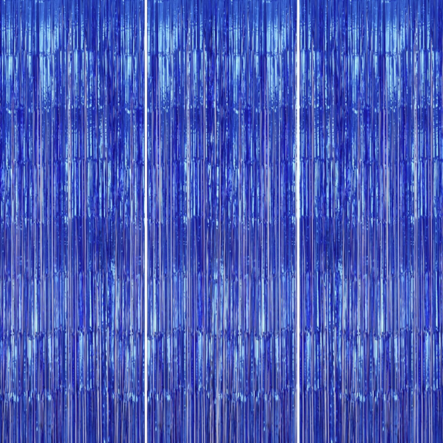 3 Pack Foil Fringe Backdrop - Royal Blue Shiny Tinsel Curtains for Party Decoration/Photo Booth