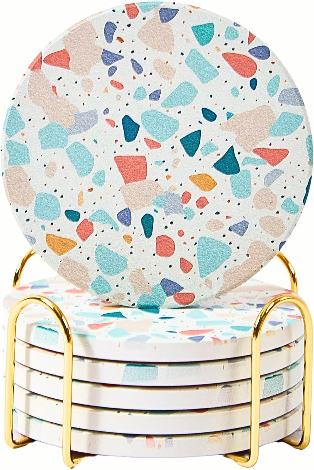 Terrazzo Drink Absorbent Coasters with Holder Set of 6, Ceramic Coaster for Drinks, Coffee Table