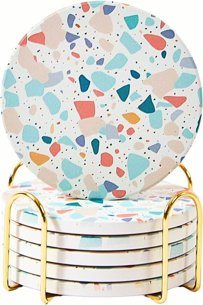 Terrazzo Drink Absorbent Coasters with Holder Set of 6, Ceramic Coaster for Drinks, Coffee Table