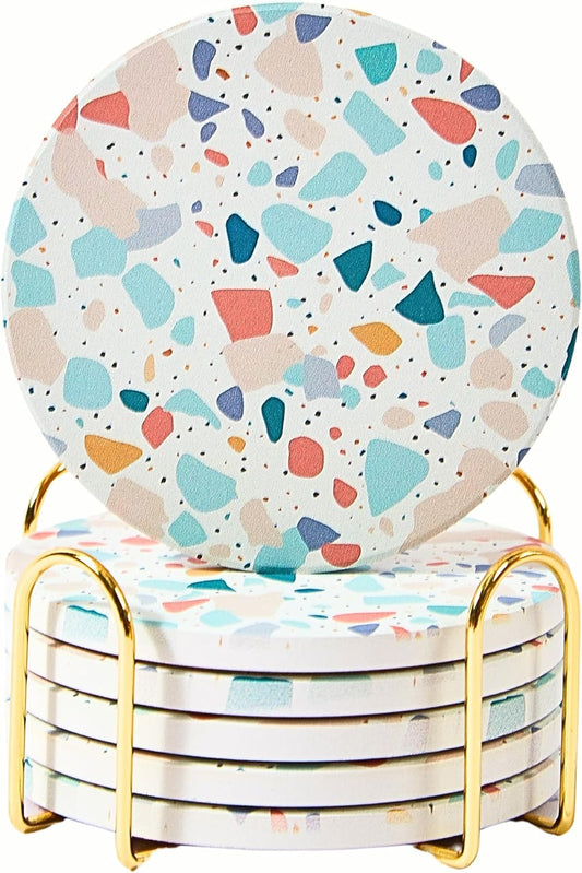 Terrazzo Drink Absorbent Coasters with Holder Set of 6, Ceramic Coaster for Drinks, Coffee Table