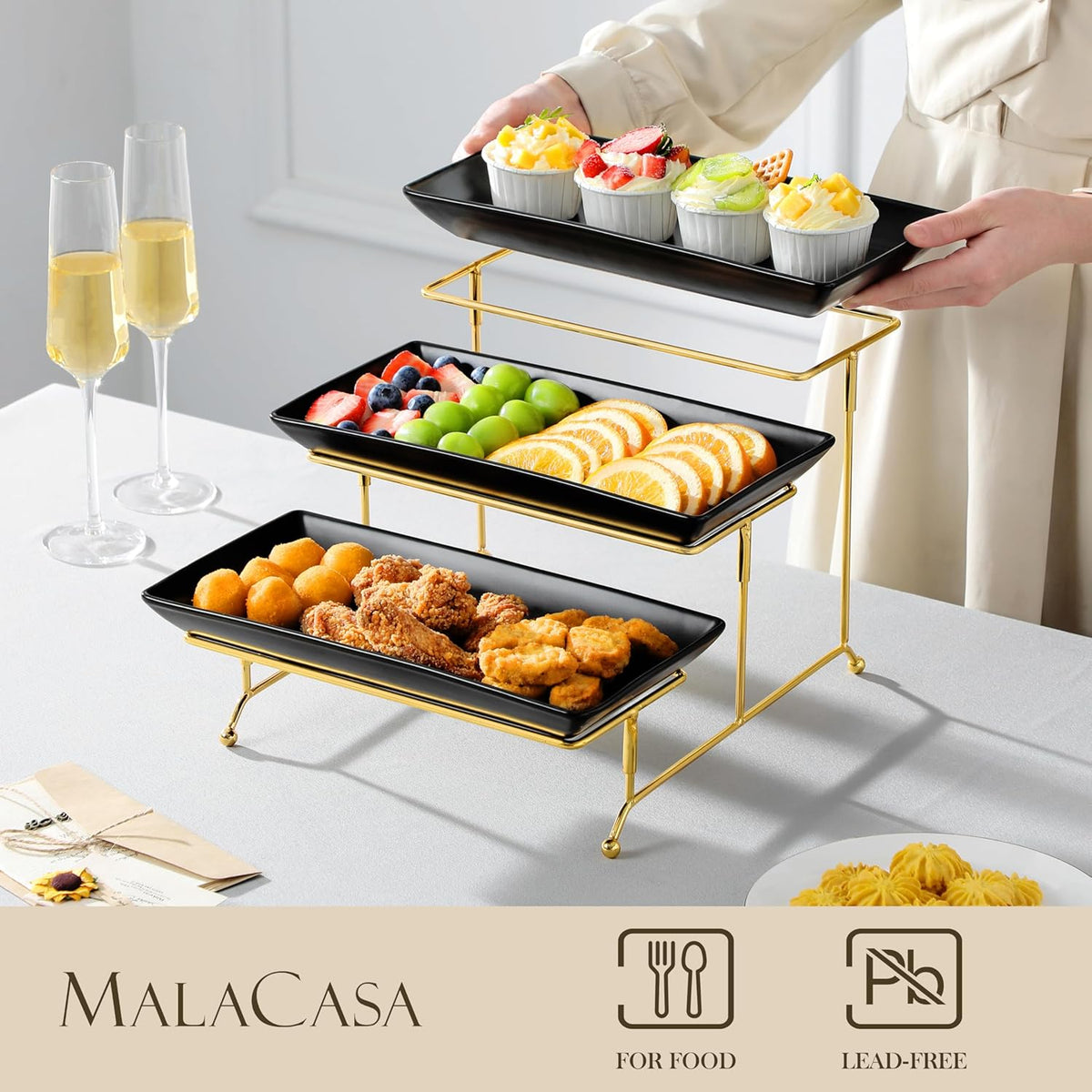 MALACASA 3 Tier Serving Trays for Party, 12 Inch Porcelain Black Trays for Serving Food, Dessert