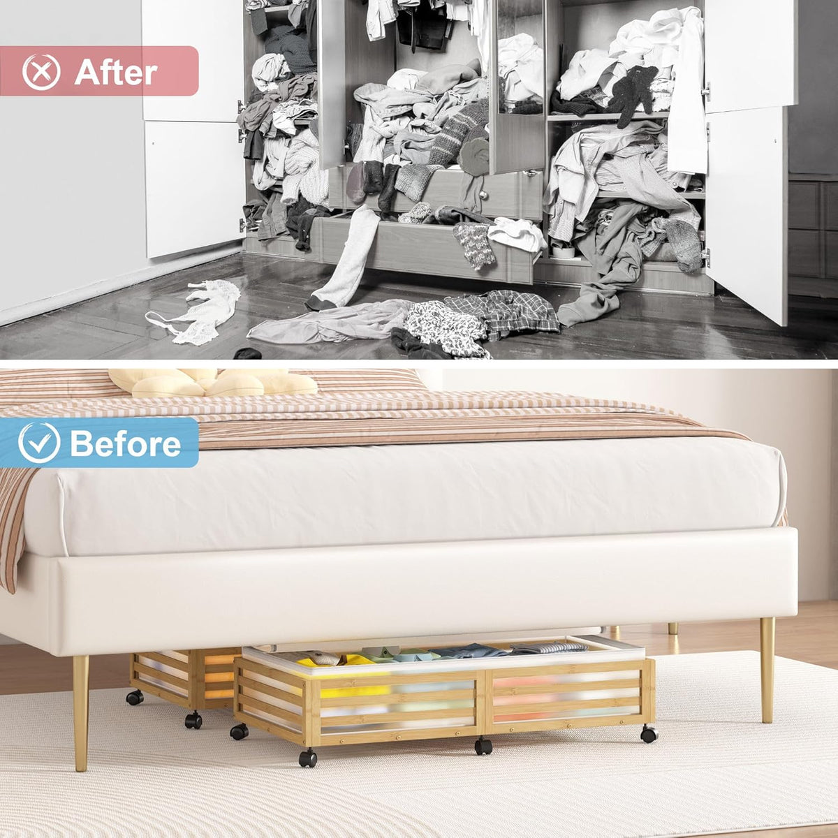 Under Bed Storage with Wheels-Large Bamboo Underbed storage Containers with Large Dust Bag