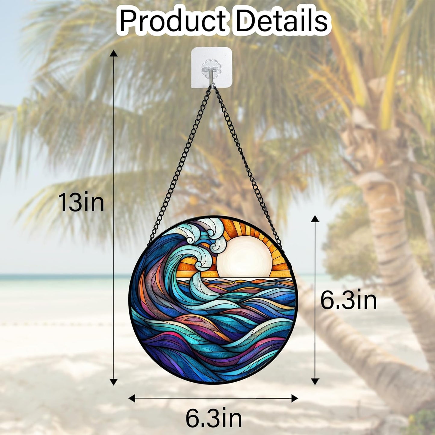 Stained Glass Window Hanging, Big Wave Sun Suncatcher Diamond Glass Panel Hangings Abstract Sun