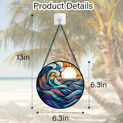 Stained Glass Window Hanging, Big Wave Sun Suncatcher Diamond Glass Panel Hangings Abstract Sun