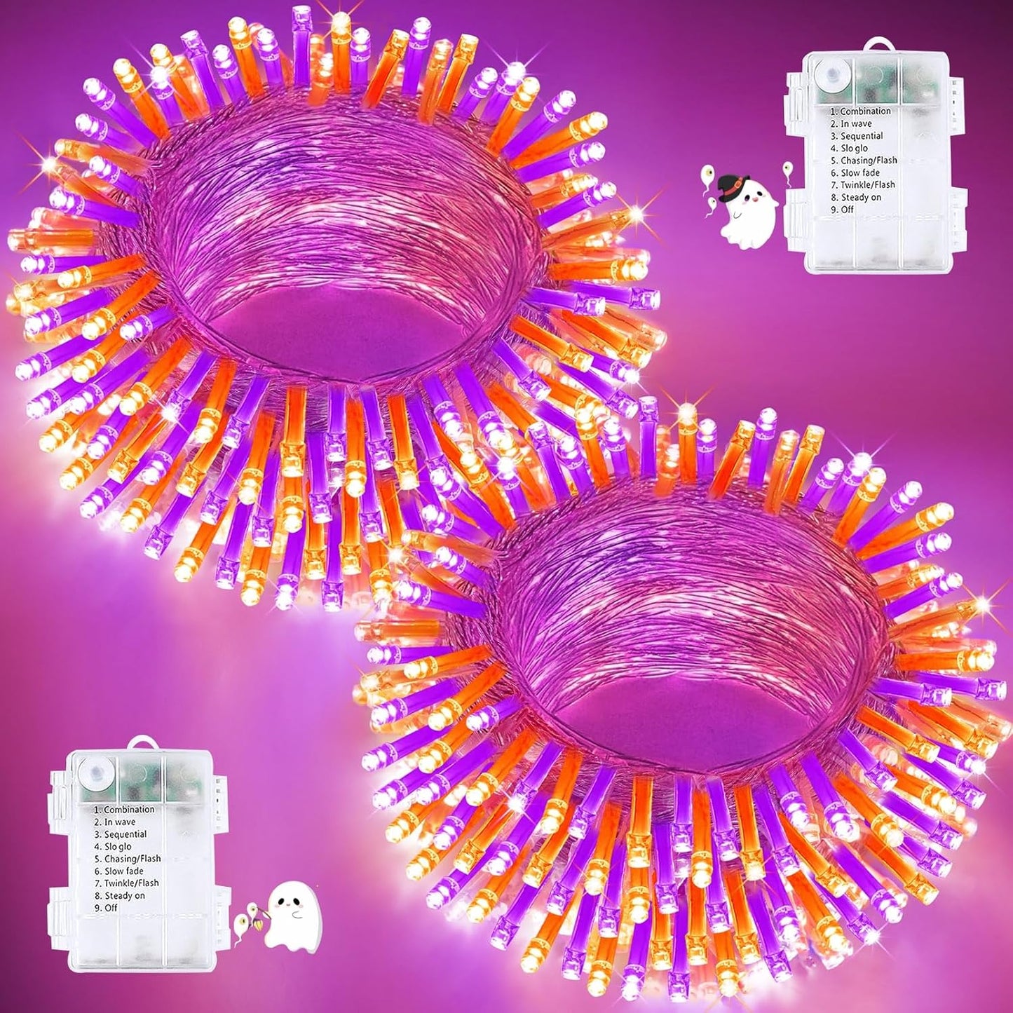 2 Pack Halloween String Lights Battery Operated with Timer, 66FT 200 LED Waterproof Orange and