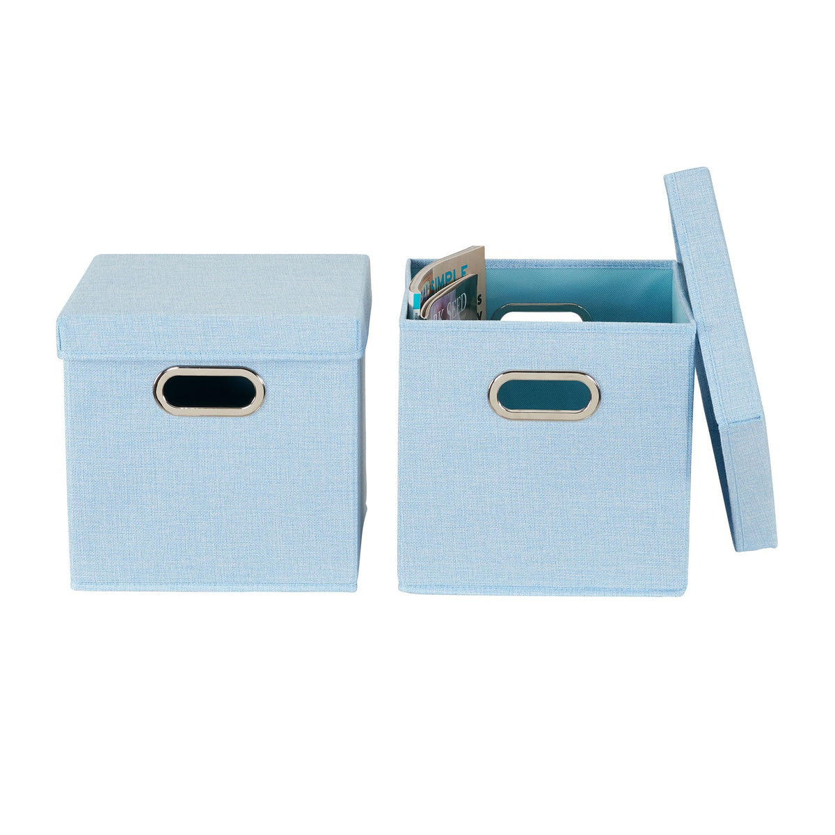Household Essentials 816-1 Café Cube Bin Storage Set with Lids and Handles | 2 Pack, Baby Blue Linen