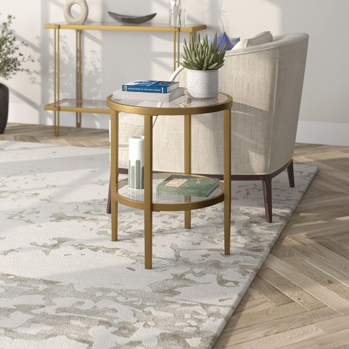 Henn&Hart 20" Wide Round Side Table with Glass Shelf in Antique Brass, Table for Living Room