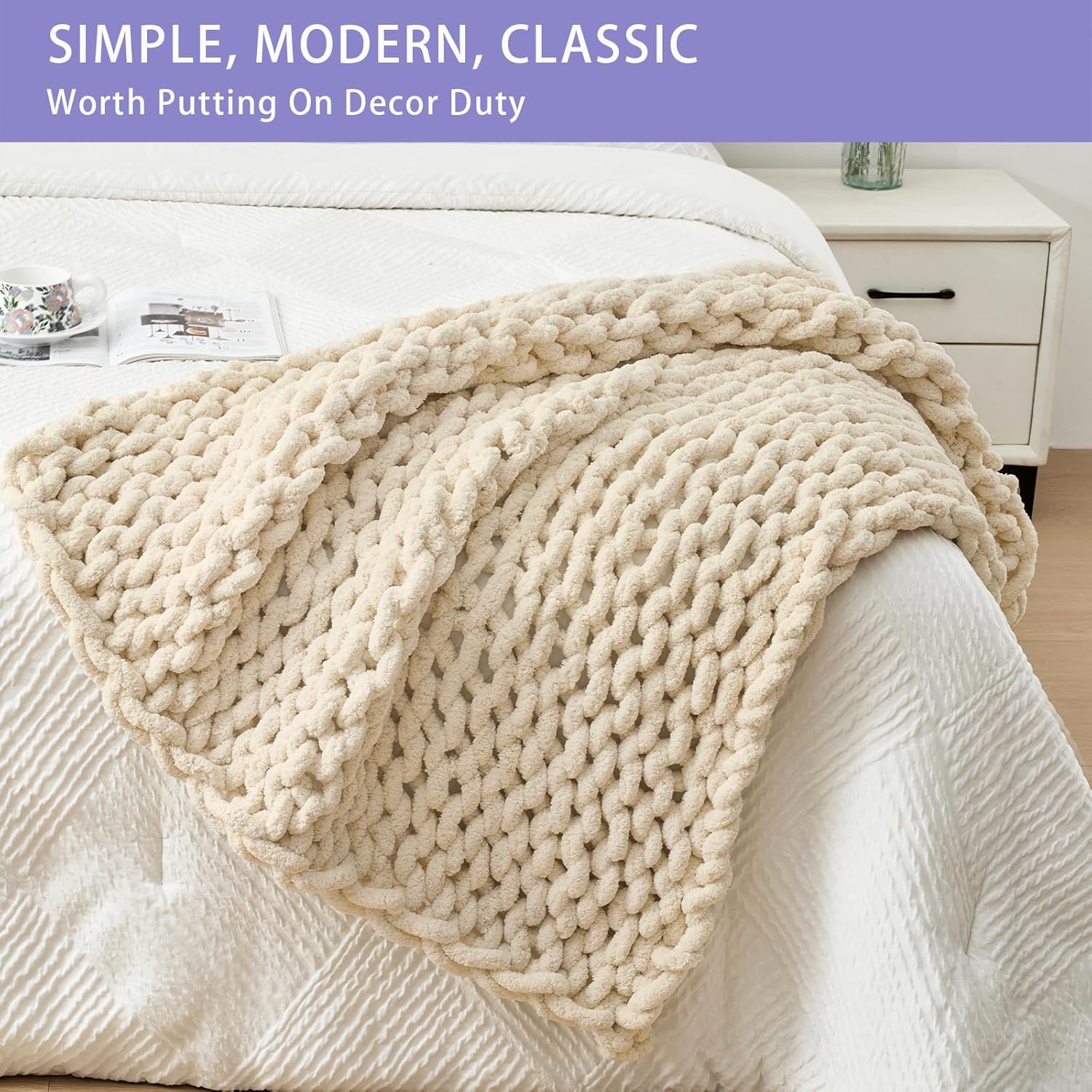 Bigacogo Chunky Knit Throw Blanket for Couch, 40x40 inches, 100% Hand Knitted with Thick Jumbo