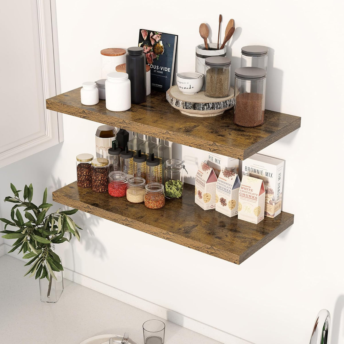 30" Floating Shelves for Wall, 12" Deep Slim Rustic Brown Floating Shelves, Wall-Mounted Shelves