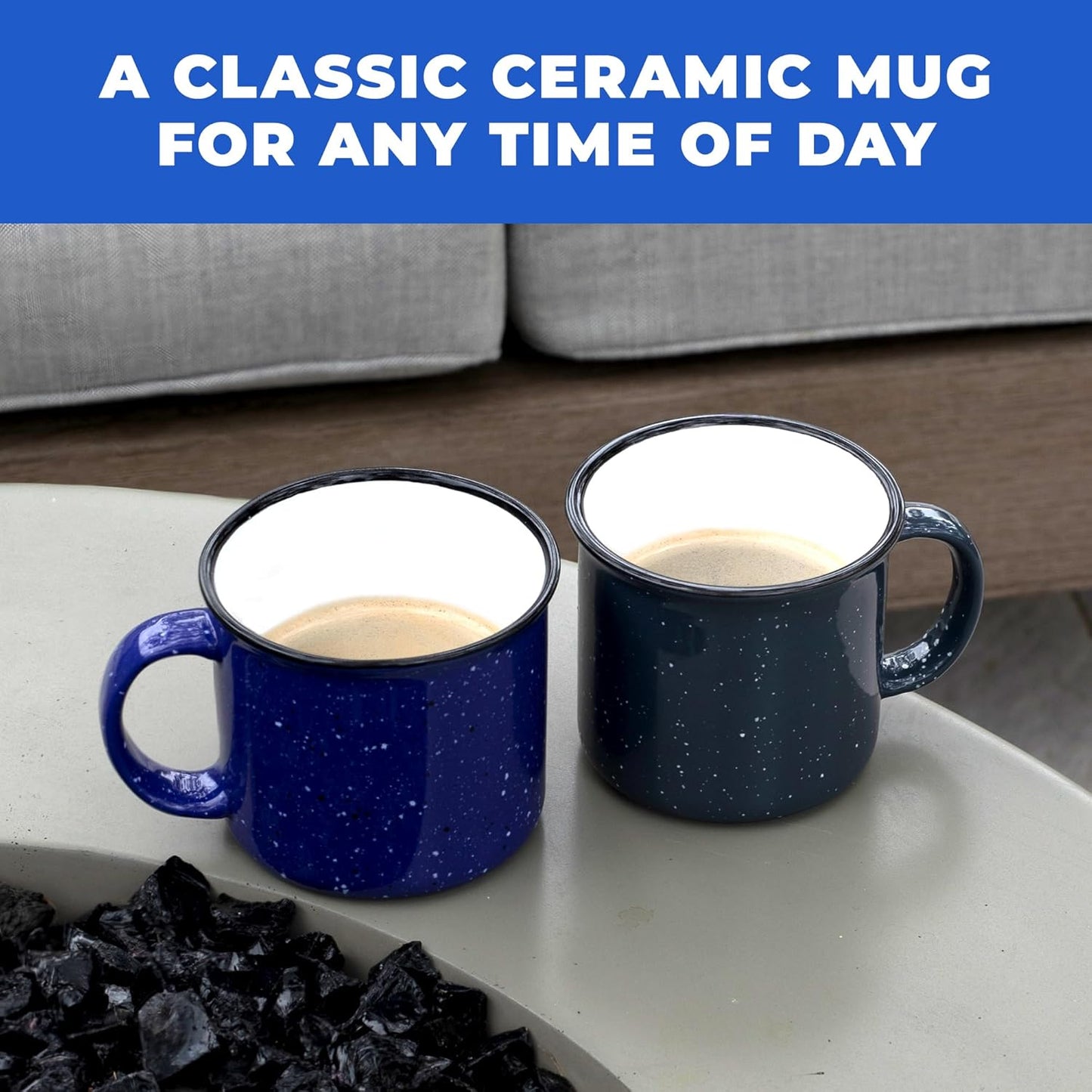 Set of 8 Ceramic Campfire Mugs – 15 Oz, White – Coffee & Tea Cups for Home, Work, Travel, Camping
