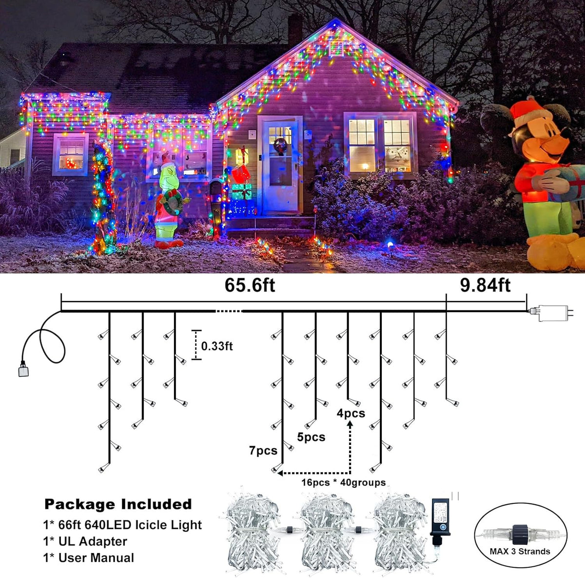 Icicle Christmas Lights Outdoor, 66FT 640 LED Icicle Lights for Outside with 8 Modes Timers