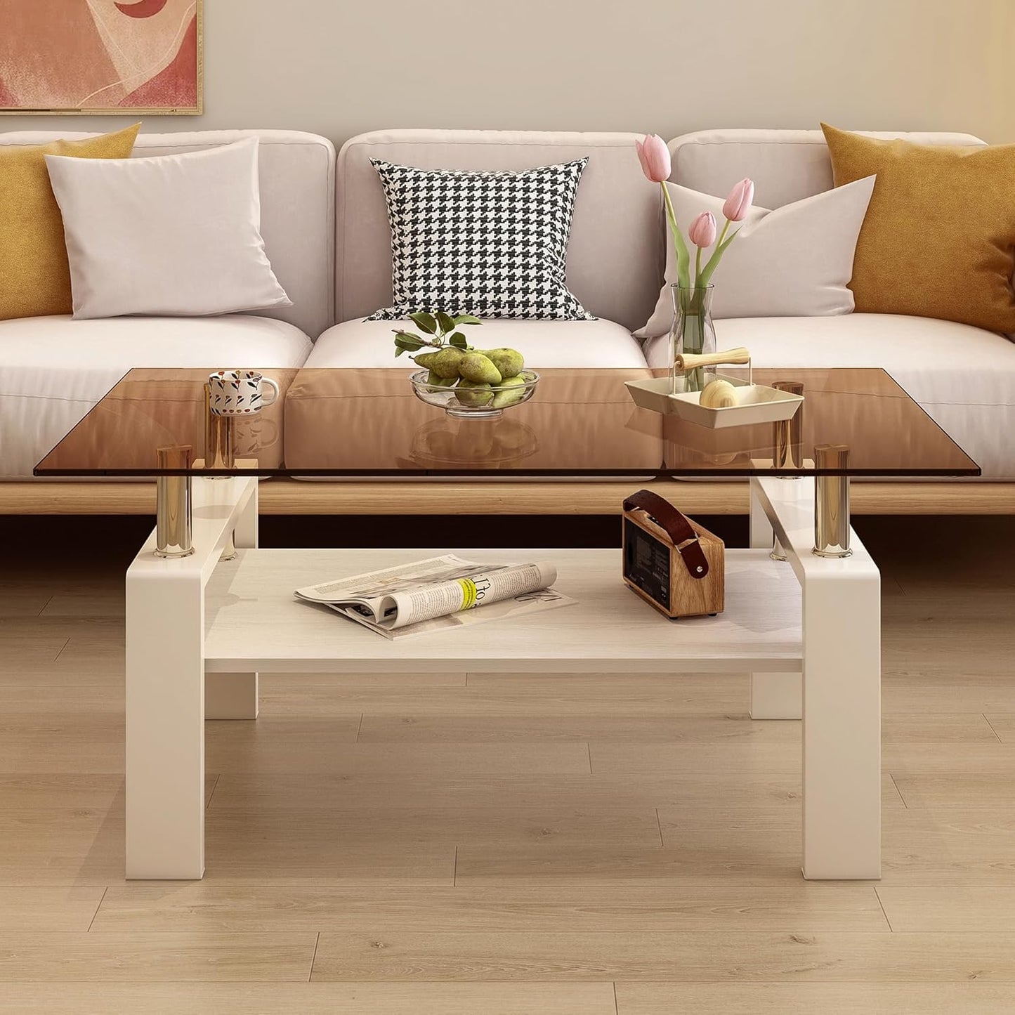 Glass Coffee Table Rectangle Living Room Center Table, with Brown Tempered Glass Tabletop and White