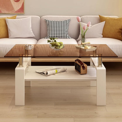 Glass Coffee Table Rectangle Living Room Center Table, with Brown Tempered Glass Tabletop and White