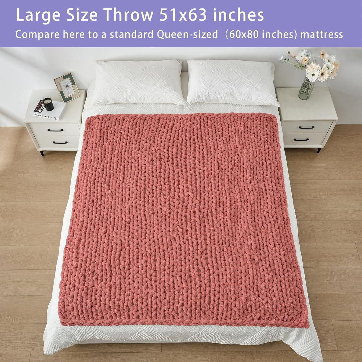 Bigacogo Chunky Knit Throw Blanket for Couch, 51x63 inches, 100% Hand Knitted with Thick Jumbo