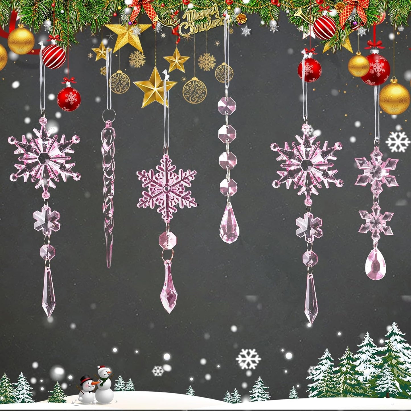 18pcs Crystal Christmas Ornaments for Christmas Tree Decorations-Pink Hanging Acrylic Snowflake and