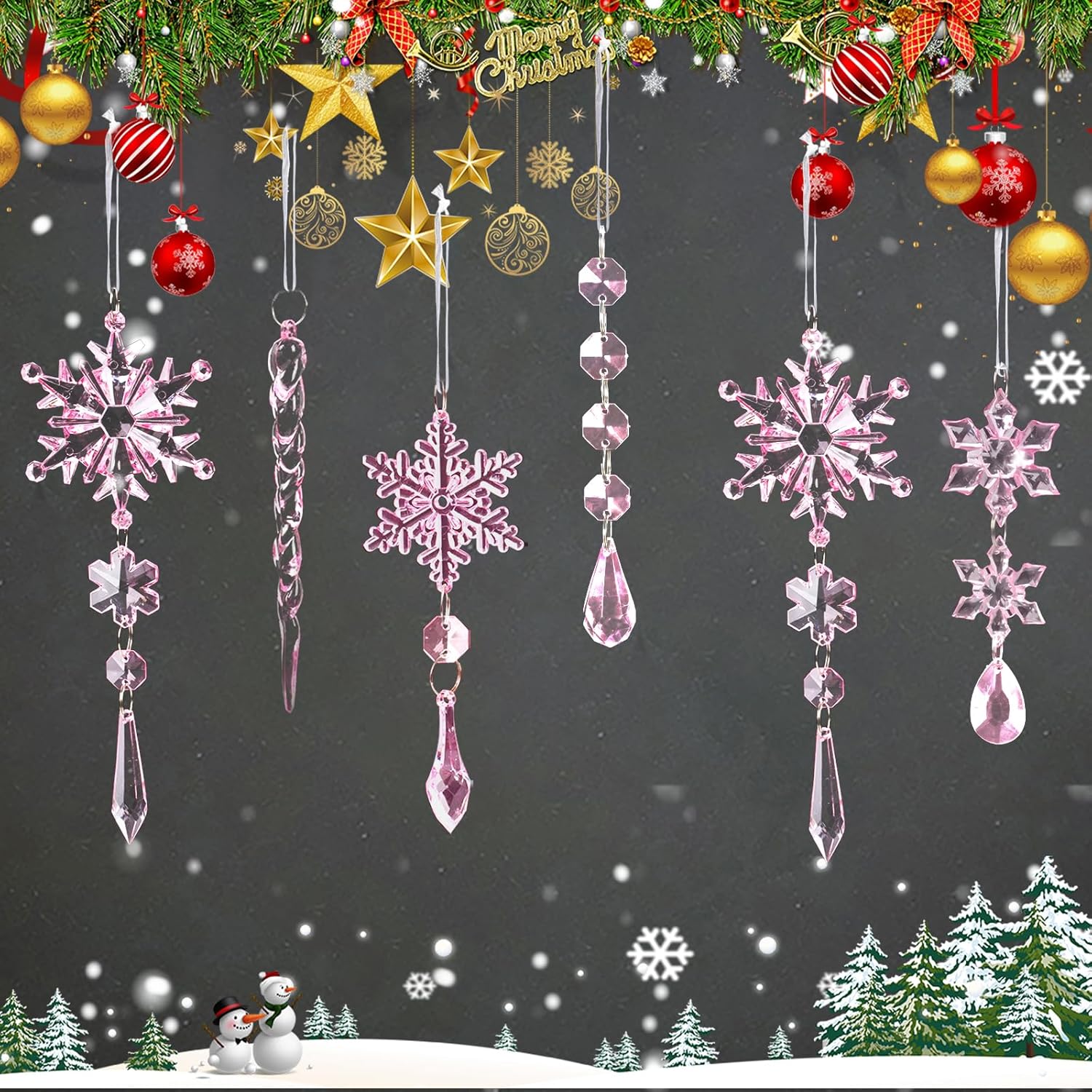 32pcs Crystal Christmas Ornaments for Christmas Tree Decorations-Pink Hanging Acrylic Snowflake and