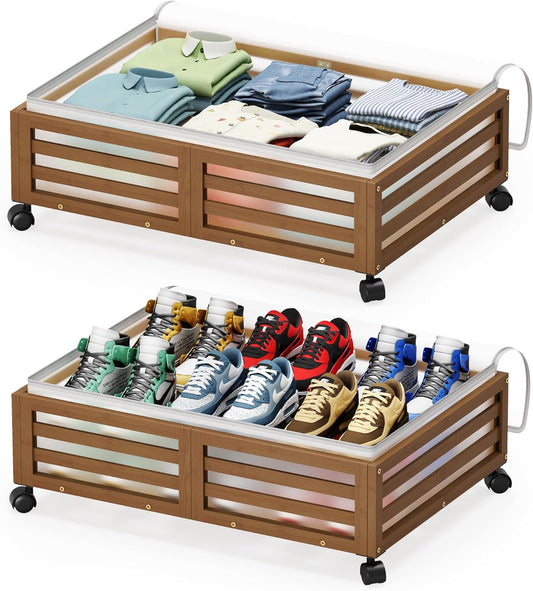 Under Bed Storage Containers With Wheels - 2 Pcs Bamboo Wood Rolling Underbed Shoe Storage Bins