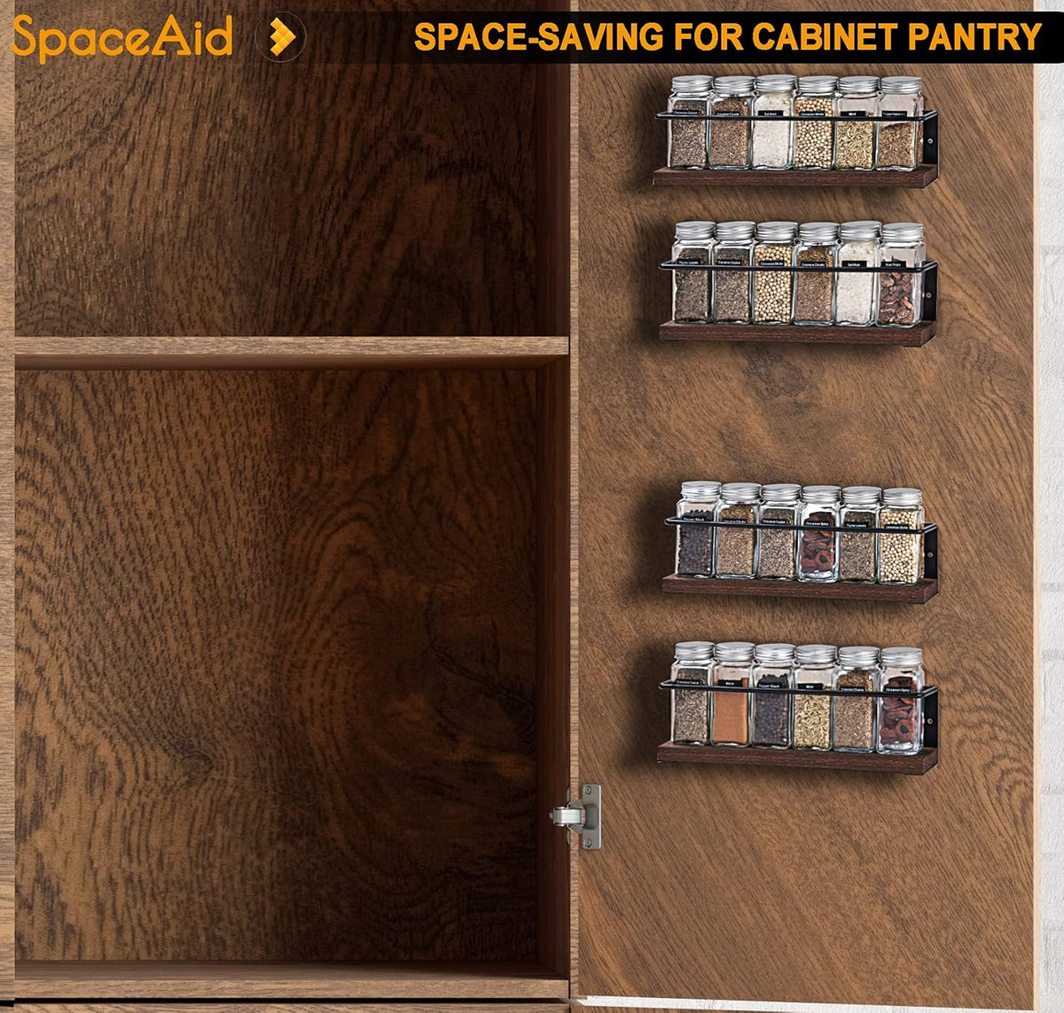 SpaceAid Spice Rack Organizer for Cabinet Door or Wall Mount (4 Pack) with 415 Spice Labels - Wood