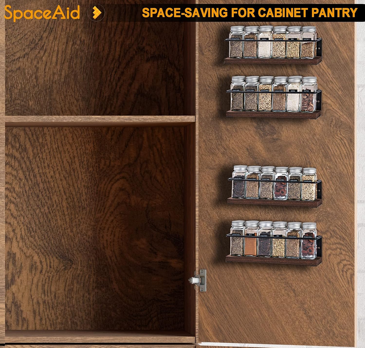 SpaceAid Spice Rack Organizer for Cabinet Door or Wall Mount (4 Pack) with 415 Spice Labels - Wood