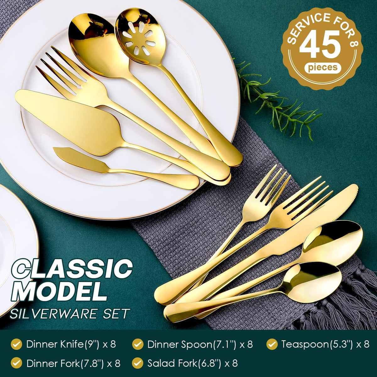 Gold Silverware Set for 8, OGORI 45-Piece Stainless Steel Flatware Set with Serving Set, Mirror