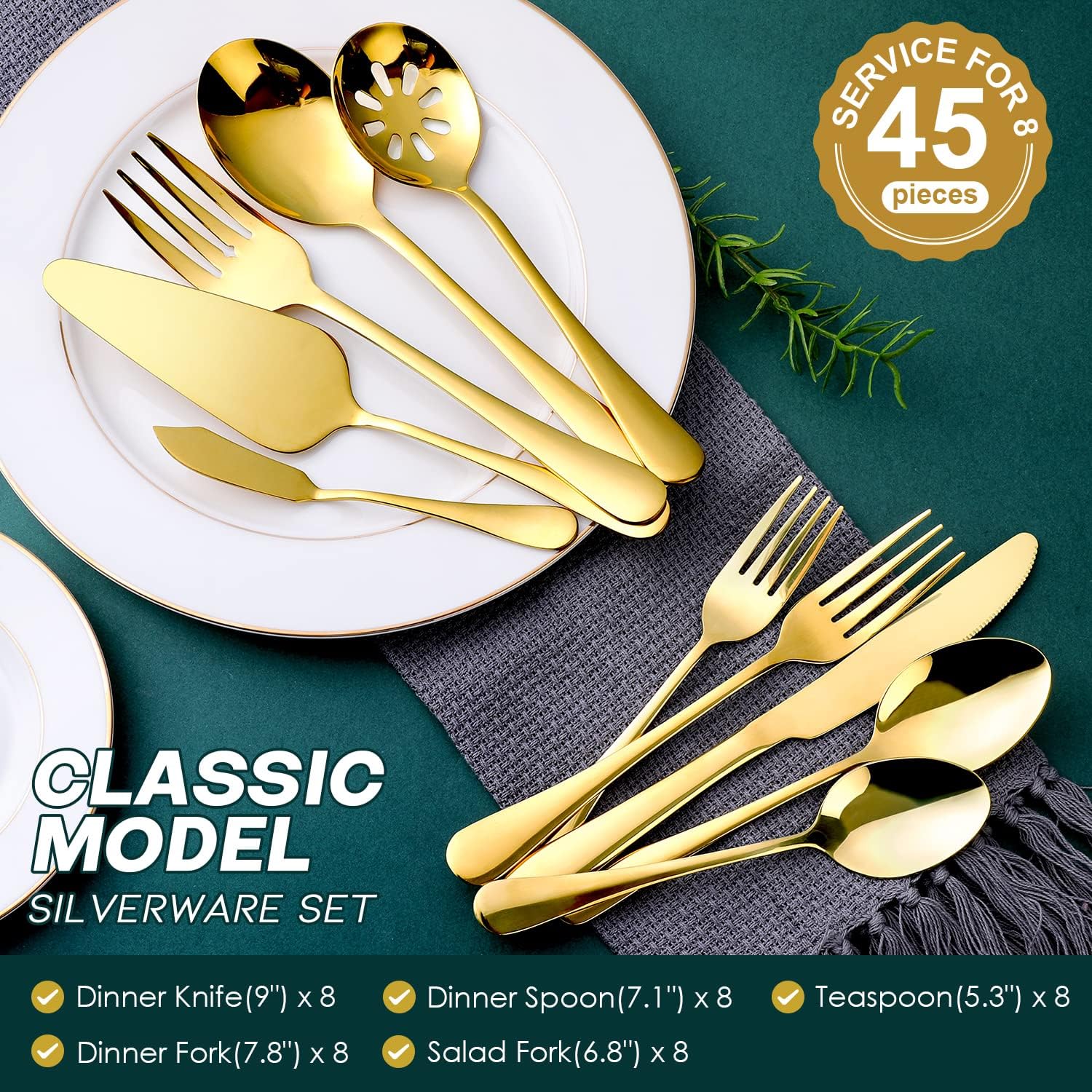 Gold Silverware Set for 8, OGORI 45-Piece Stainless Steel Flatware Set with Serving Set, Mirror