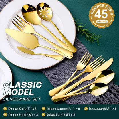 Gold Silverware Set for 8, OGORI 45-Piece Stainless Steel Flatware Set with Serving Set, Mirror