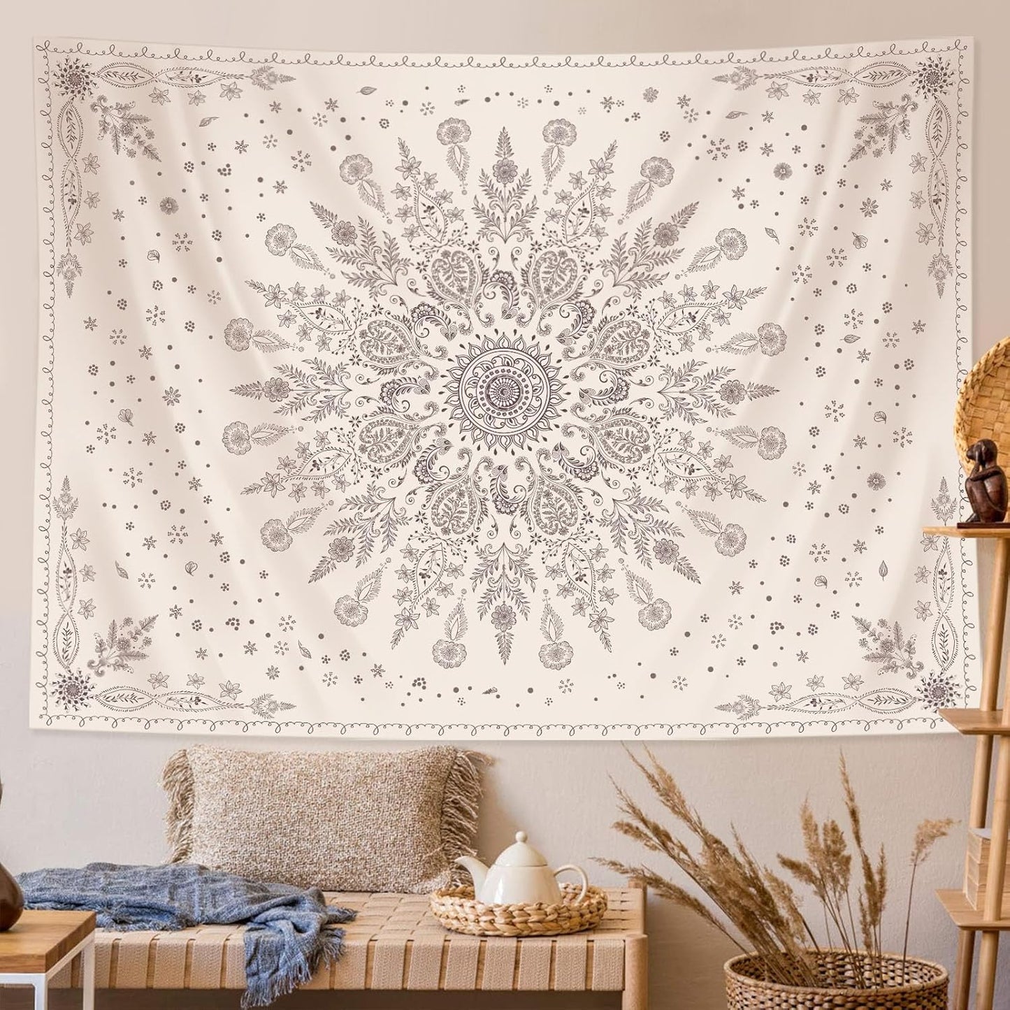 Lunerfex Boho Floral Tapestry Mandala Wall Tapestry, Cute Tapestries for Bedroom Beige Flower