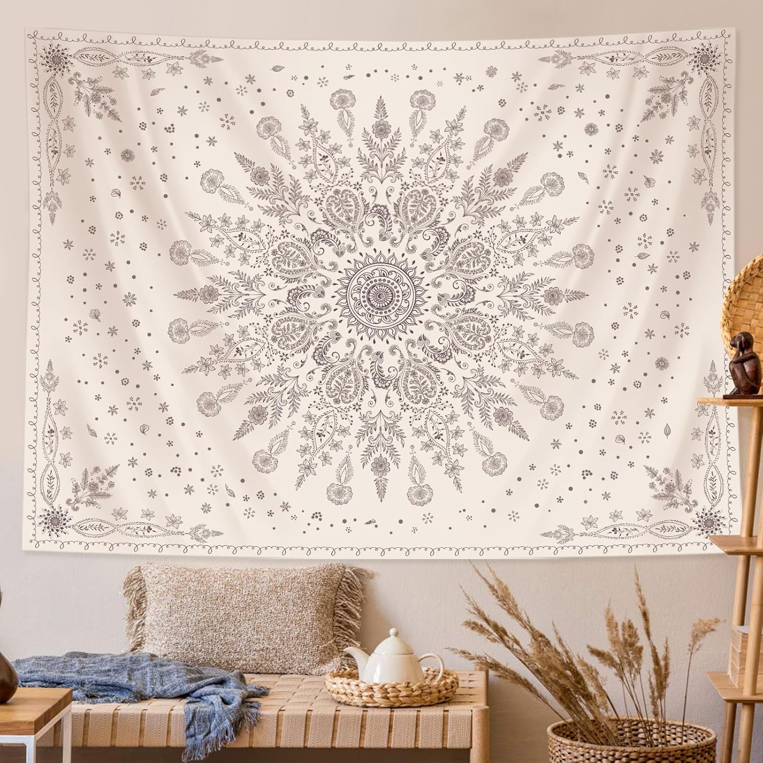 Lunerfex Boho Floral Tapestry Mandala Wall Tapestry, Cute Tapestries for Bedroom Beige Flower