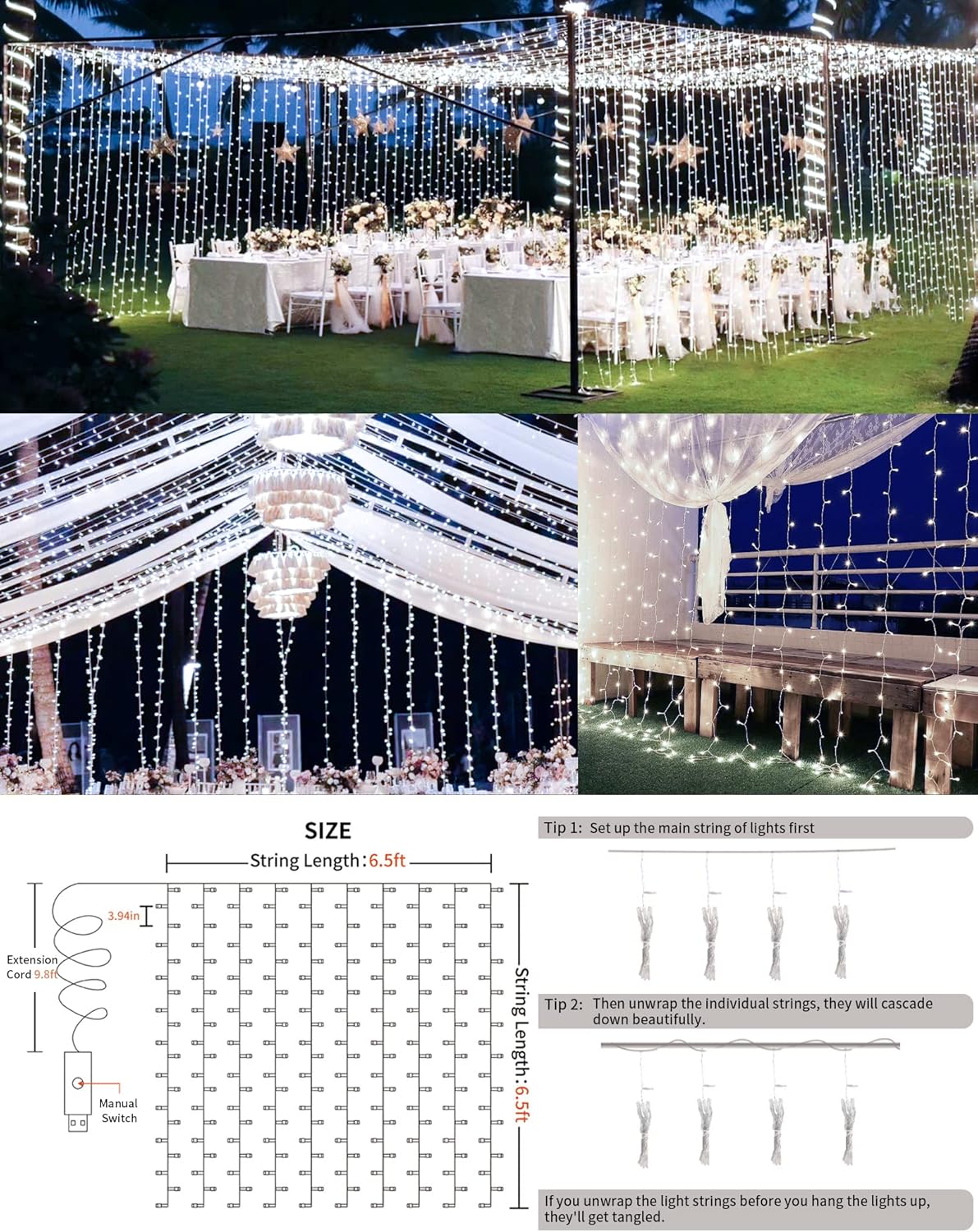 suddus White Curtain Lights for Bedroom Wall, 200 Led Twinkle Lights with Remote 8 Modes Timer, USB