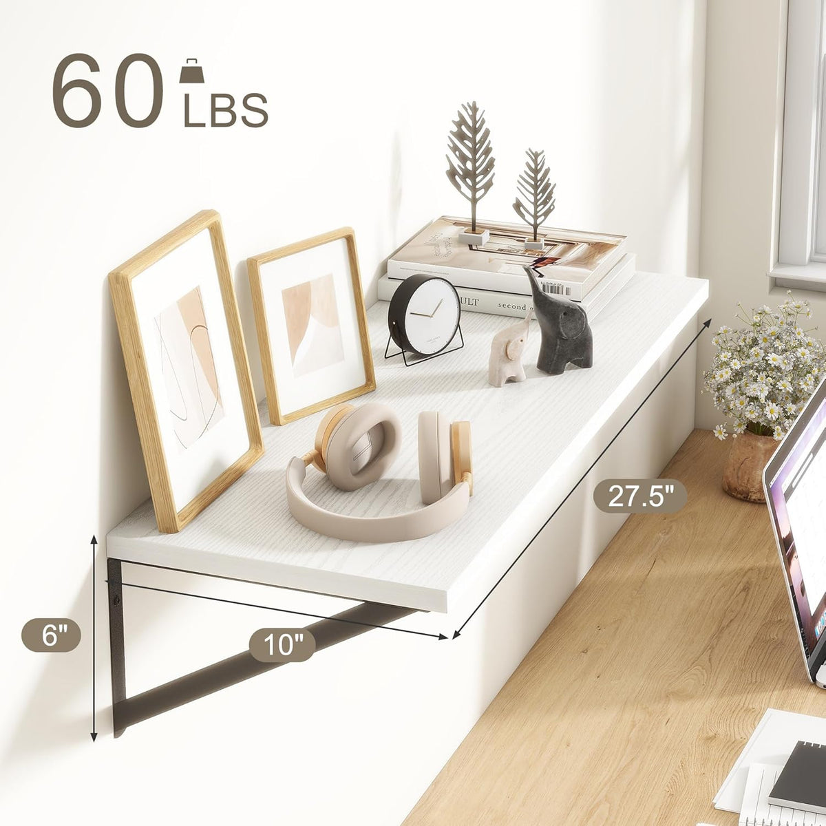 Fun Memories 27.5" W x10 D Floating Shelves, White Wall Shelf with Brackets, 10 Inch Deep Floating