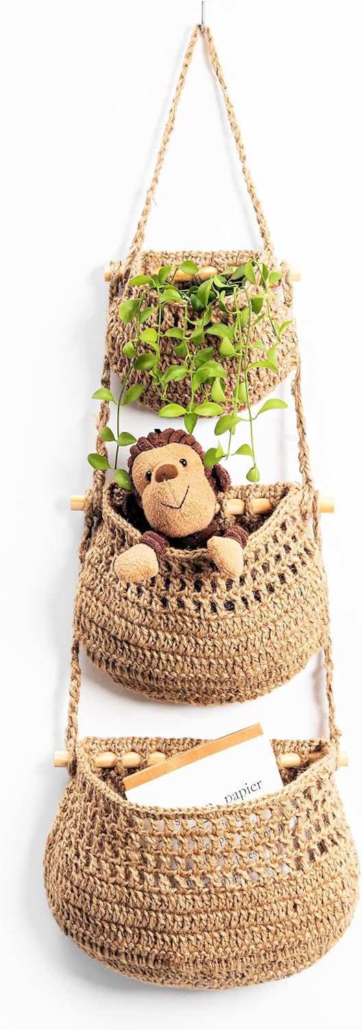 Hanging Fruit Basket, 3 Tier Woven Jute Wall Hanging Basket for Organizing, Hanging Produce Basket