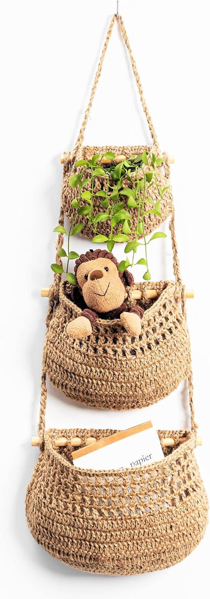 Hanging Fruit Basket, 3 Tier Woven Jute Wall Hanging Basket for Organizing, Hanging Produce Basket