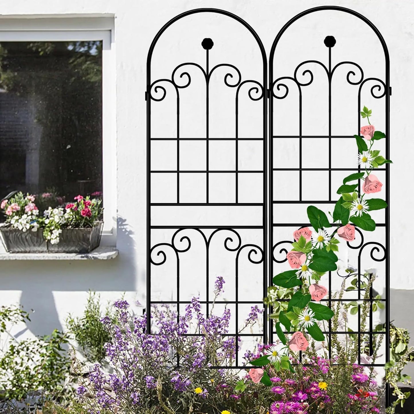 LZRS 2 Pack 71x20in Rustic Iron Arch Decoration Garden Trellis with Black Metal Coating – Perfect