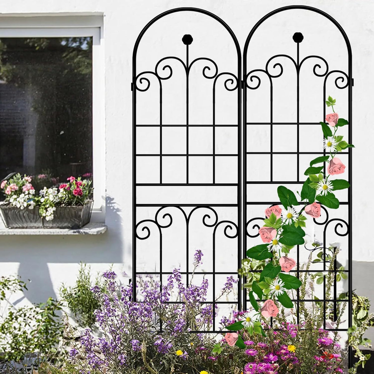 LZRS 2 Pack 71x20in Rustic Iron Arch Decoration Garden Trellis with Black Metal Coating – Perfect