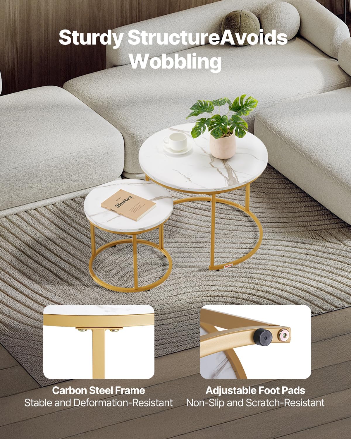 VEVOR Nesting Tables, Coffee Table Set of 2, 23.6 inch Round Coffee Table, Small Coffee Tables