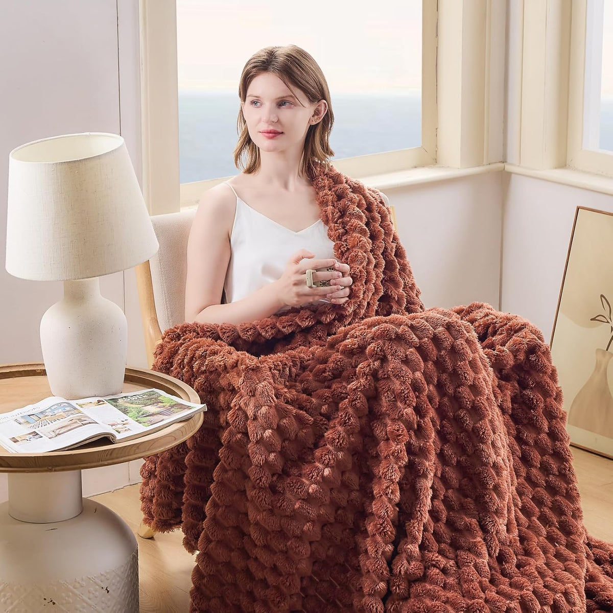 NEWCOSPLAY Super Soft Queen Blanket Coffee Premium Silky Flannel Fleece 3D Clouds Stylish Jacquard