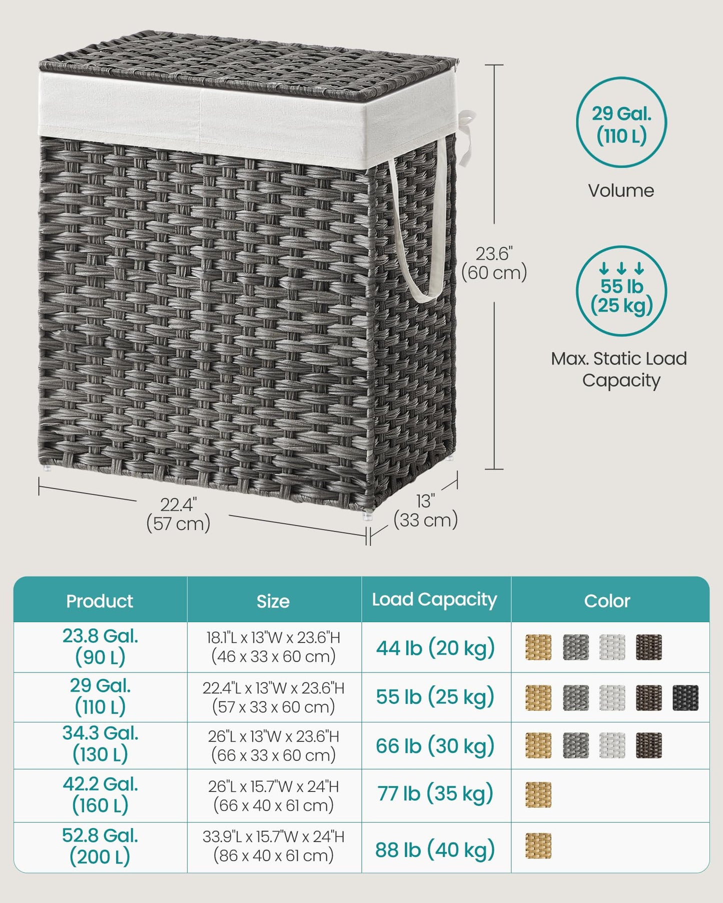 SONGMICS Laundry Hamper with Lid, 110L Double Wicker Basket, 6 Mesh Bags