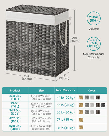 SONGMICS Laundry Hamper with Lid, 110L Double Wicker Basket, 6 Mesh Bags