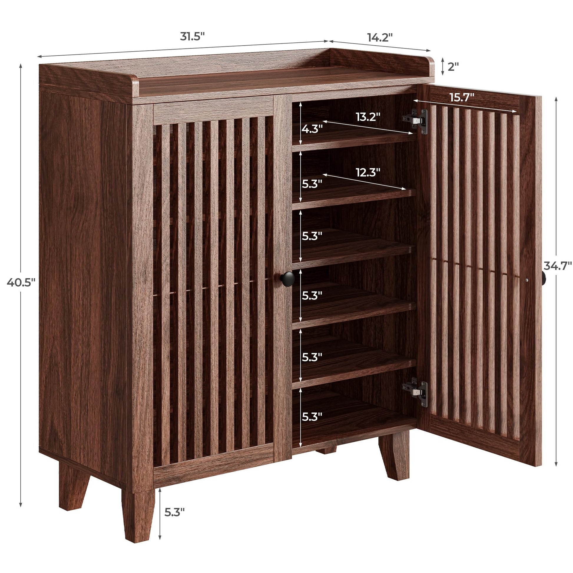 IRONCK Shoe Cabinet with Slatted Doors, 6-Tier Shoe Storage Cabinet, Walnut