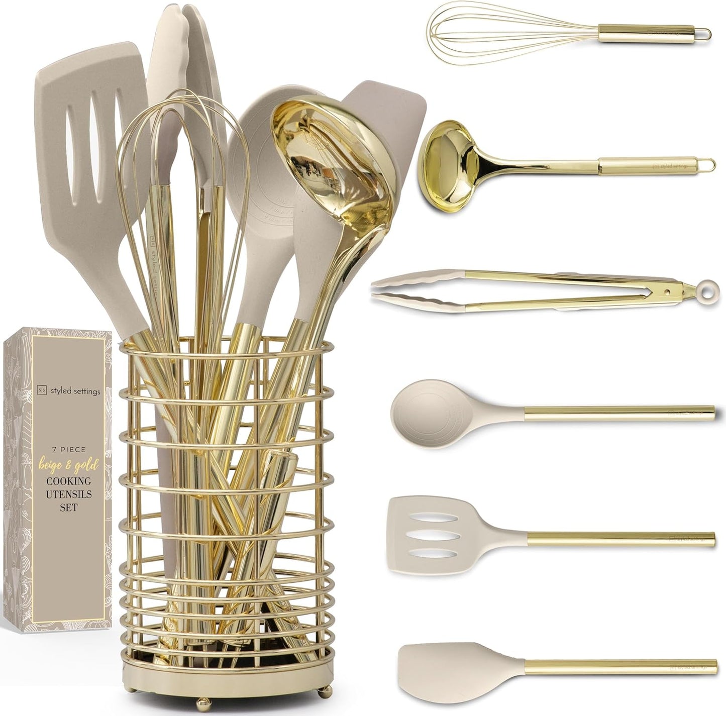 7-Piece Beige & Gold Kitchen Utensils Set – Non-Toxic Silicone & Stainless Steel Tools for Cooking
